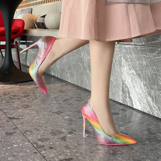 Women Candy Color Pointed Toe Lattice Shallow Stiletto Heel Pumps