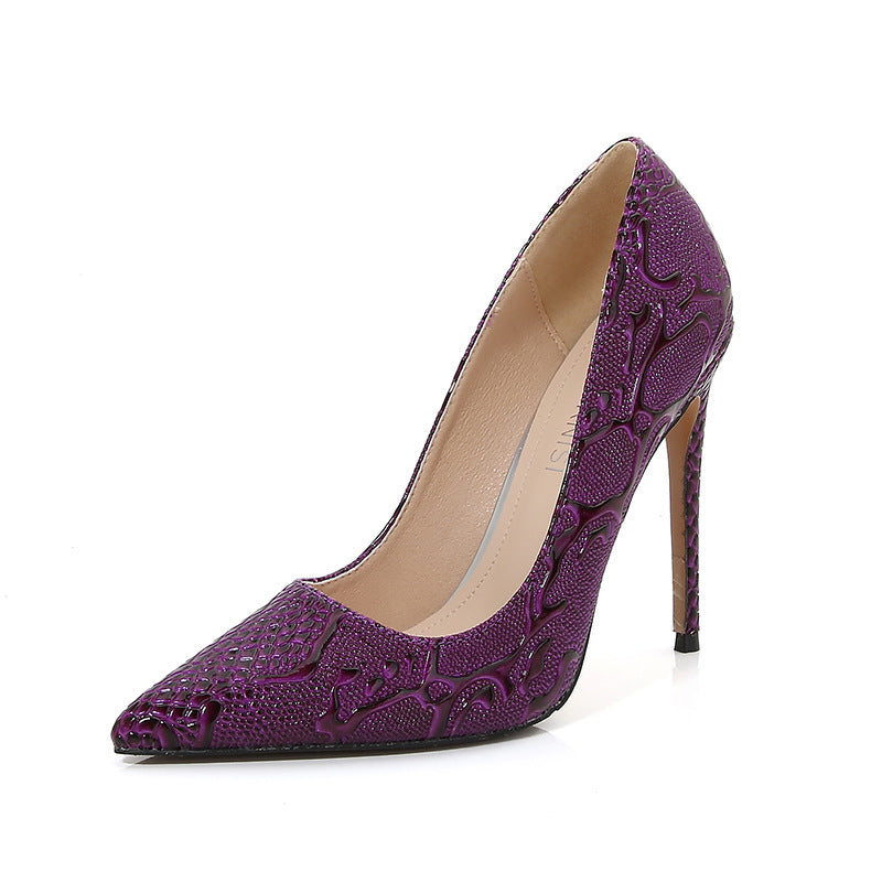 Women Embossed Pointed Toe Shallow Stiletto Heel Pumps