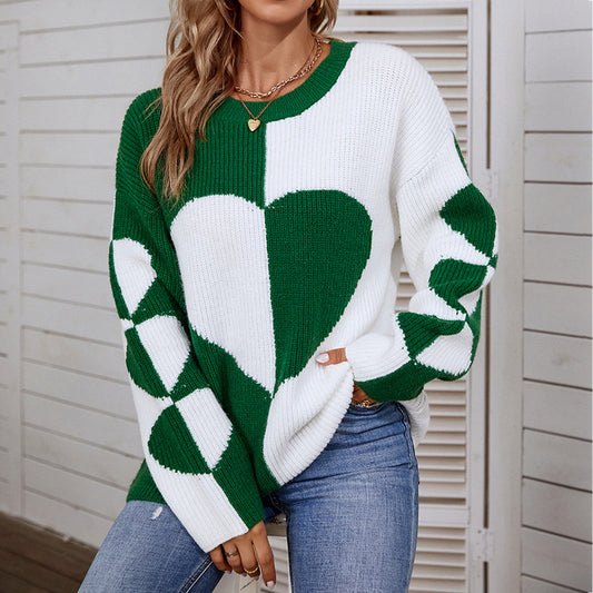 Women's Sweaters Kniting Round Collar Pullover Bicolor Love Hearts Long Sleeve