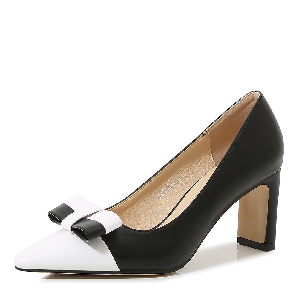 Women Bicolor Bow Tie Pointed Toe Shallow Chunky Heel Pumps