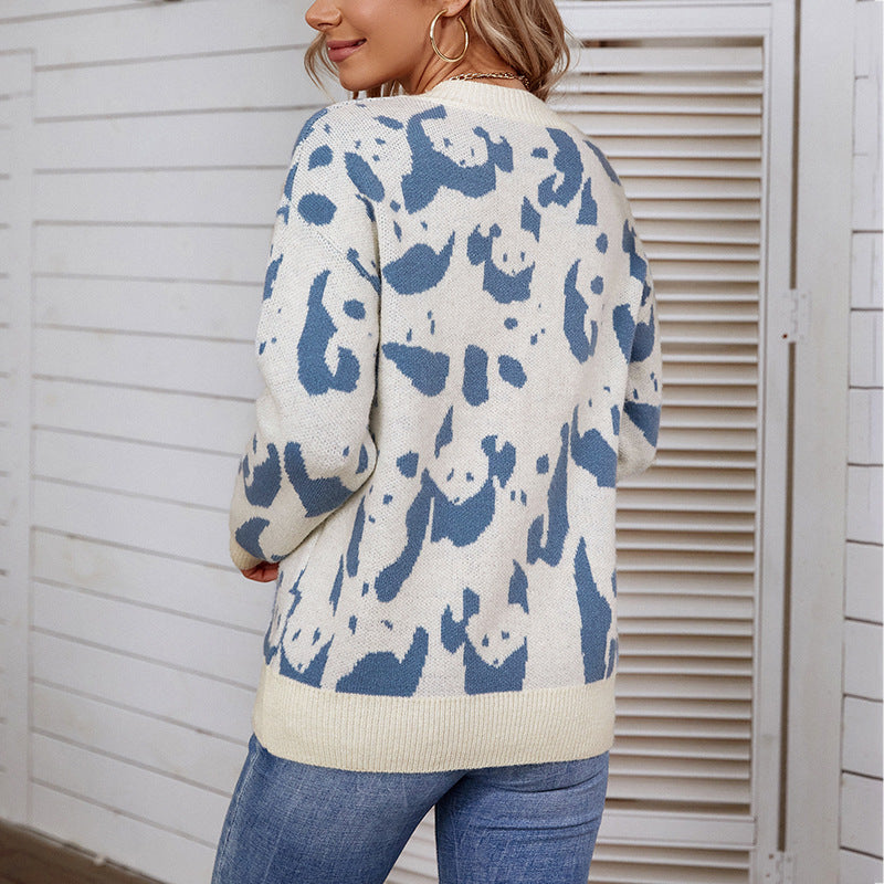 Women's Sweaters Kniting Round Collar Pullover Bicolor Cows Printed Long Sleeve