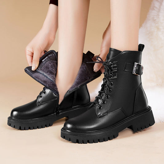 Women Ankle Boots Warm Fluff Lace-Up Thick Sole Booties