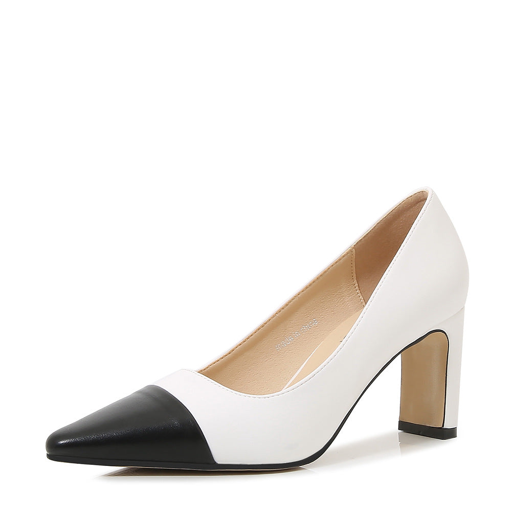 Women Bicolor Pointed Toe Shallow Chunky Heel Pumps