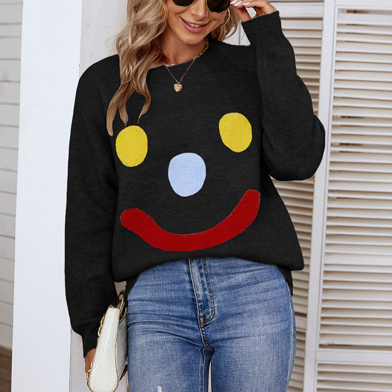 Women's Sweaters Kniting Round Collar Pullover Clown Smiling Face Long Sleeve