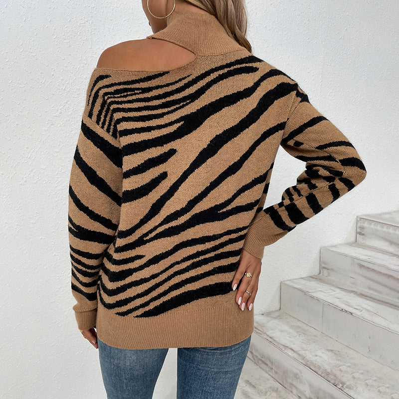 Women's Sweaters Kniting High Collar Pullover Bicolor Tiger Printed Off Shoulder
