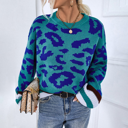 Women's Sweaters Kniting Round Collar Pullover Bicolor Leopard Patterns