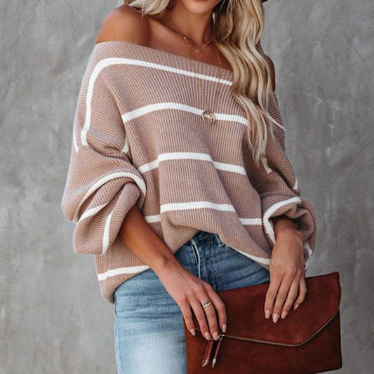 Women's Sweaters Kniting Pullover Stripes Off Shoulder Long Sleeve
