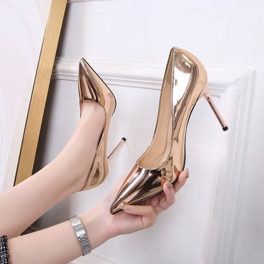 Women Glittery Patent Pointed Toe Shallow Stiletto Heel Pumps