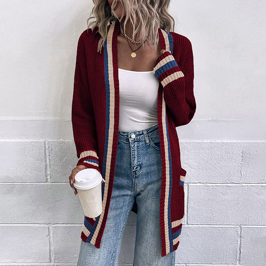Women Cardigans Kniting Bicolor Stripes Pockets Long Sleeves