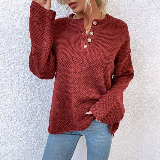 Women's Sweaters Kniting Round Collar Pullover Plain Buttons