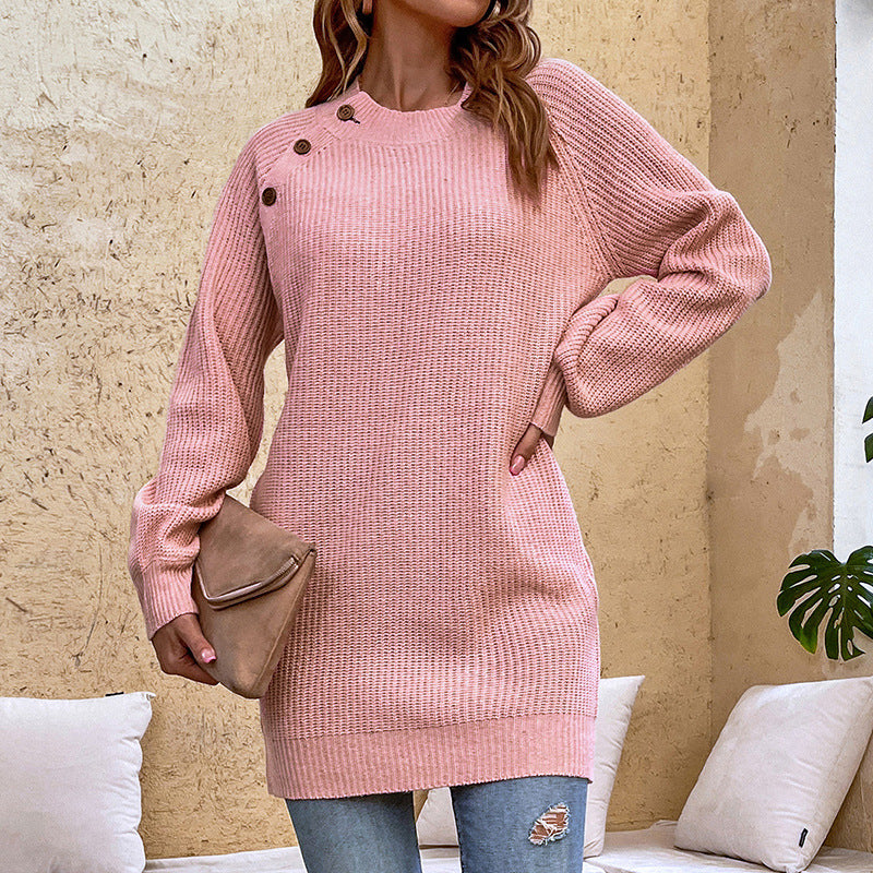 Women's Sweaters Kniting Round Collar Pullover Long Buttons Skirts