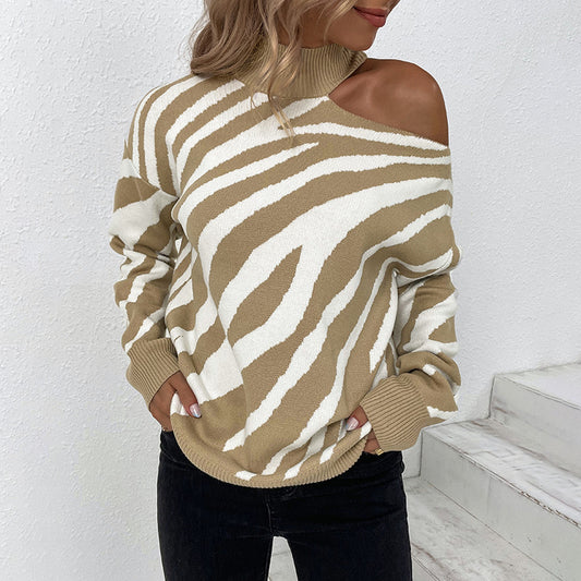 Women's Sweaters Kniting High Collar Pullover Bicolor Tiger Off Shoulder Long Sleeve