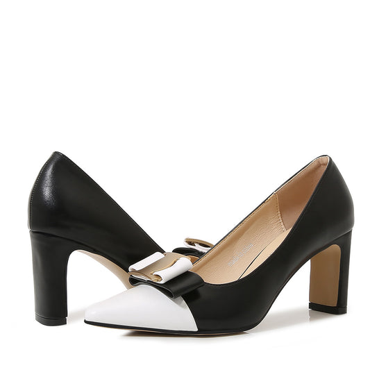 Women Bicolor Pointed Toe Bow Tie Shallow Chunky Heel Pumps