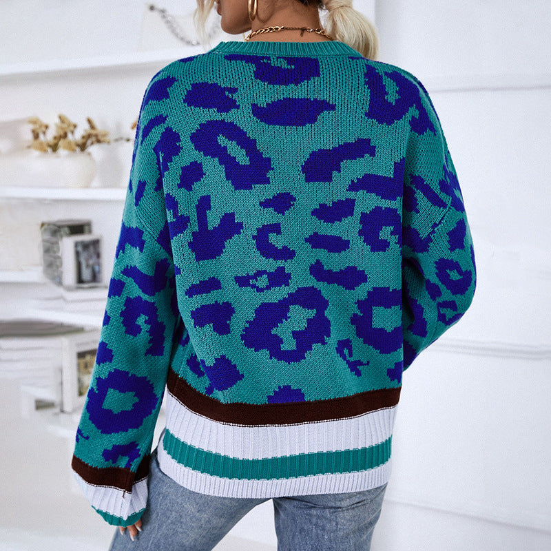 Women's Sweaters Kniting Round Collar Pullover Bicolor Leopard Patterns