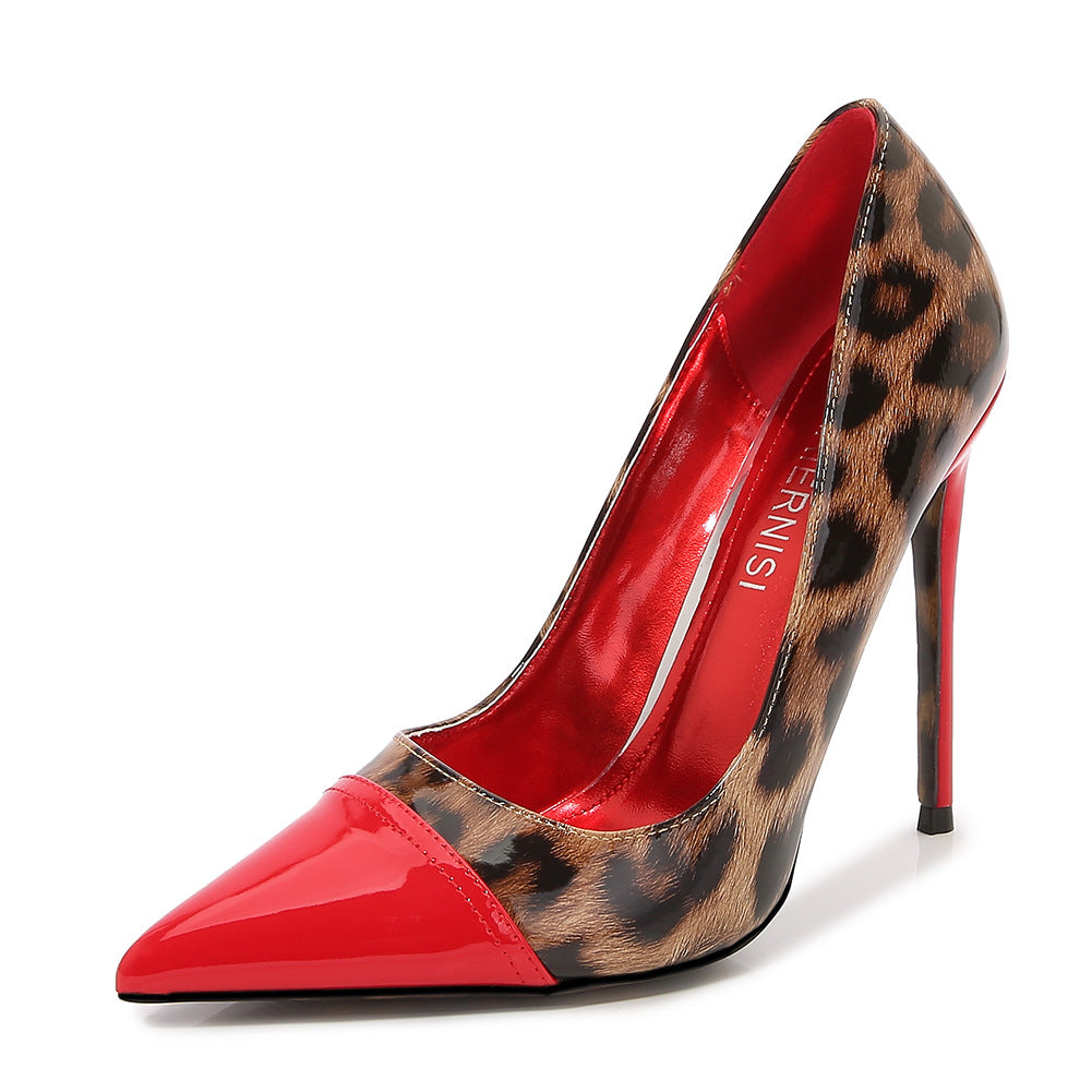 Women Bicolor Pointed Toe Leopard Print Shallow Stiletto Heel Pumps