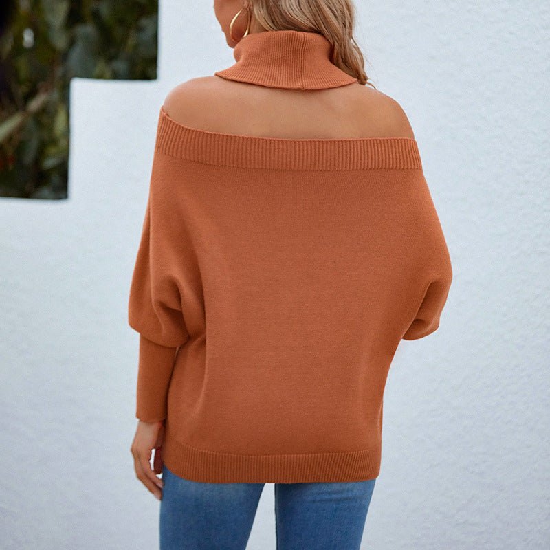 Women's Sweaters Kniting High Collar Pullover Off Shoulder Long Sleeve