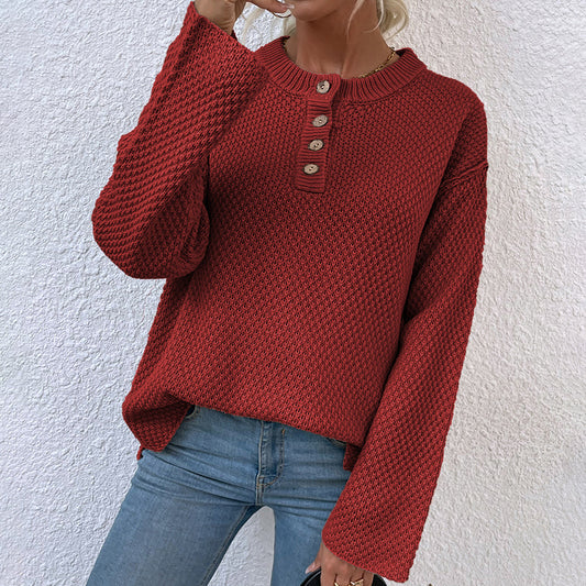 Women's Sweaters Kniting Round Collar Pullover Plain Buttons