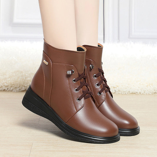 Women Ankle Boots Lace-Up Warm Fluff Wedge Heel Booties