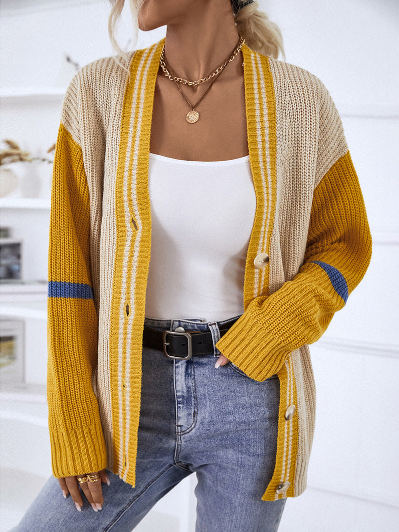 Women Cardigans Kniting Bicolor Stripes Buttons