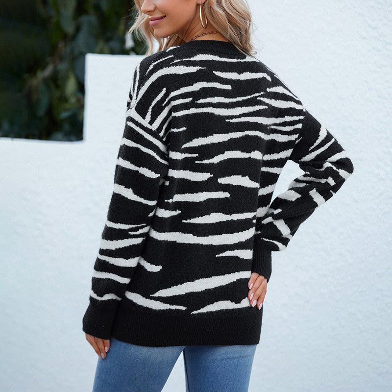 Women's Sweaters Kniting Round Bows Pullover Zebra Long Sleeves