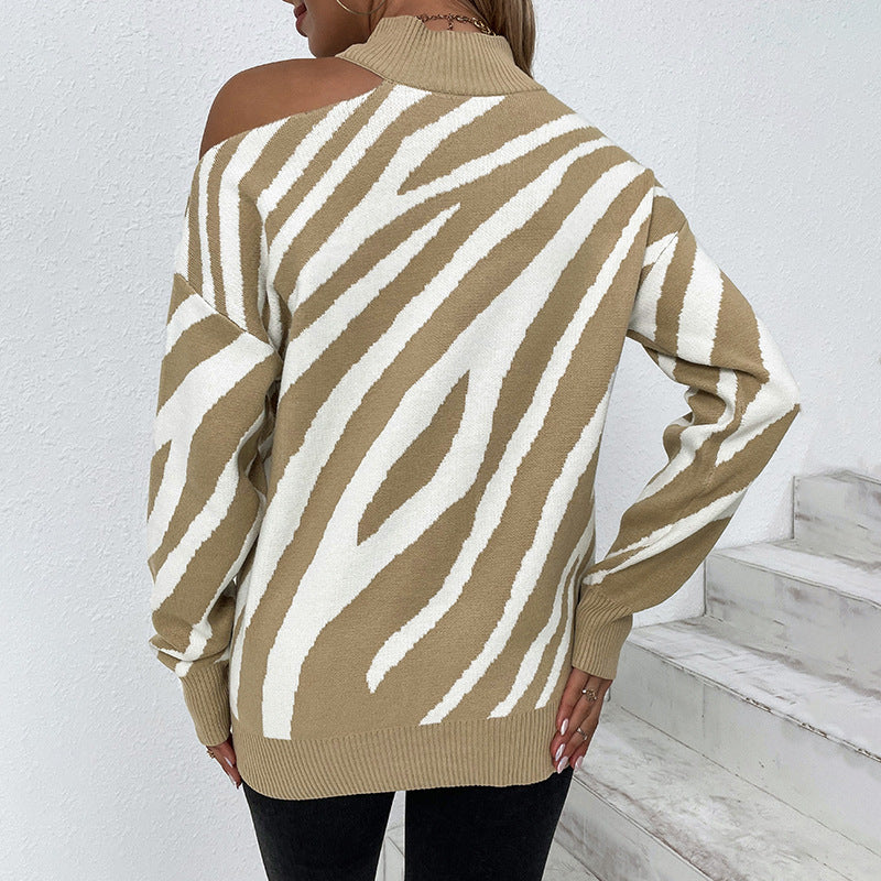 Women's Sweaters Kniting High Collar Pullover Bicolor Tiger Off Shoulder Long Sleeve