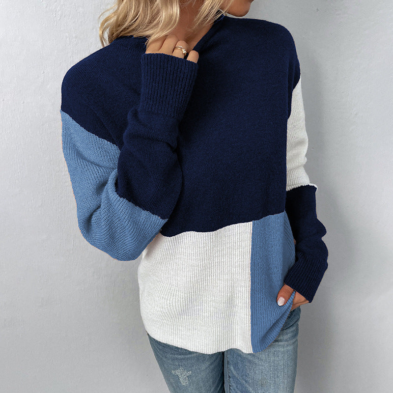 Women's Sweaters Kniting Round Collar Pullover Bicolor Color Blocking
