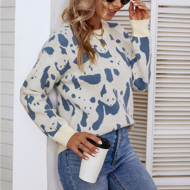 Women's Sweaters Kniting Round Collar Pullover Bicolor Cows Printed Long Sleeve