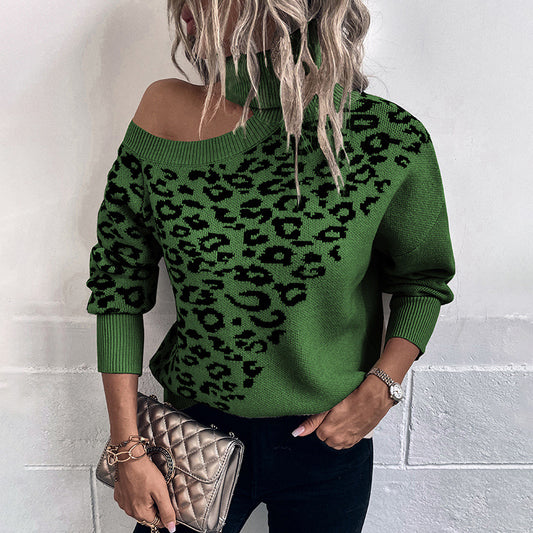Women's Sweaters Kniting Round Collar Pullover Leopard Off Shoulder
