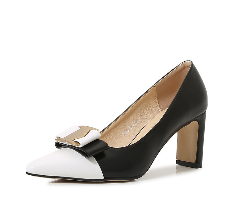 Women Bicolor Pointed Toe Bow Tie Shallow Chunky Heel Pumps