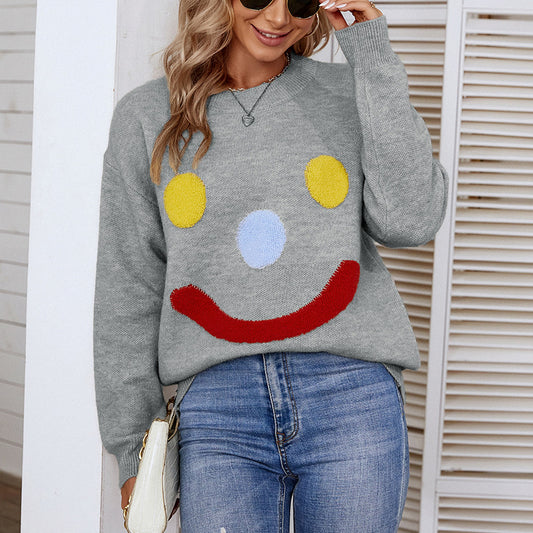 Women's Sweaters Kniting Round Collar Pullover Clown Smiling Face Long Sleeve