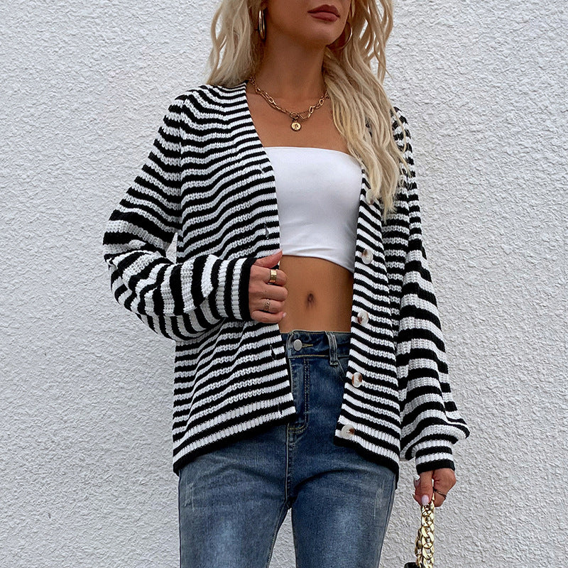 Women Cardigans Kniting Buttons Bicolor Stripes Long Sleeves