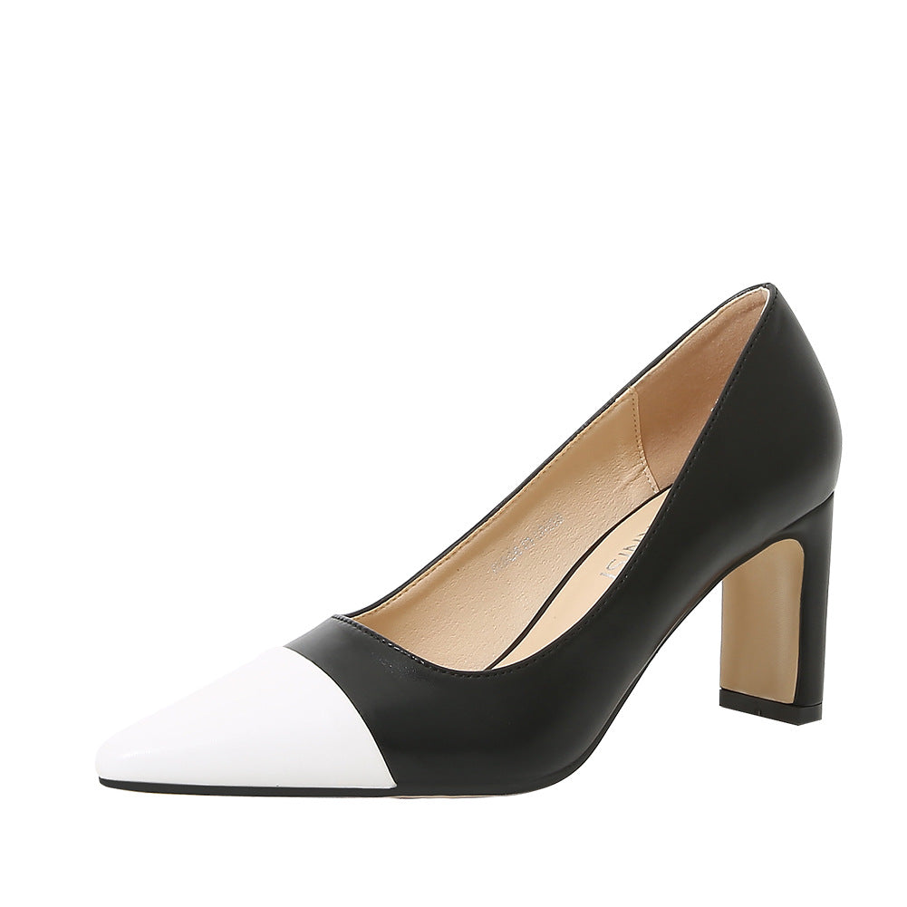 Women Bicolor Pointed Toe Shallow Chunky Heel Pumps