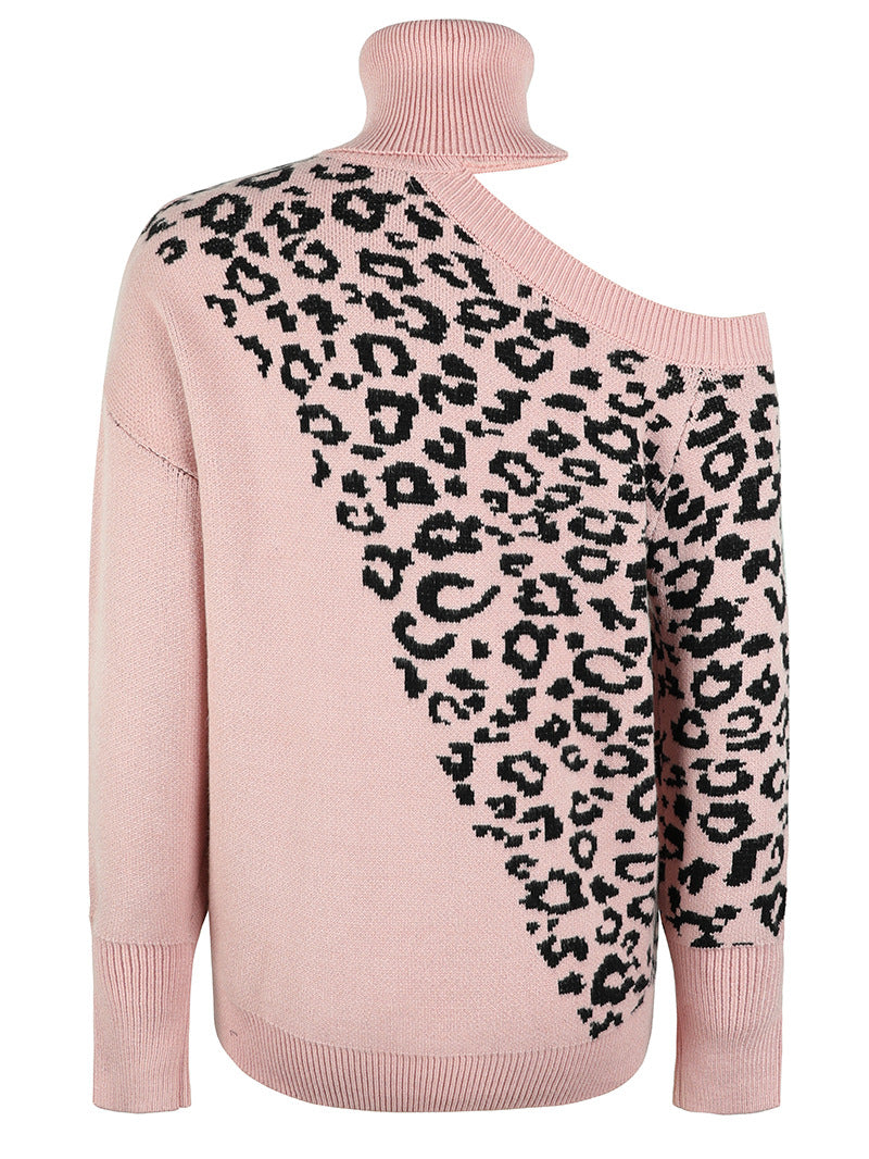 Women's Sweaters Kniting Round Collar Pullover Leopard Off Shoulder