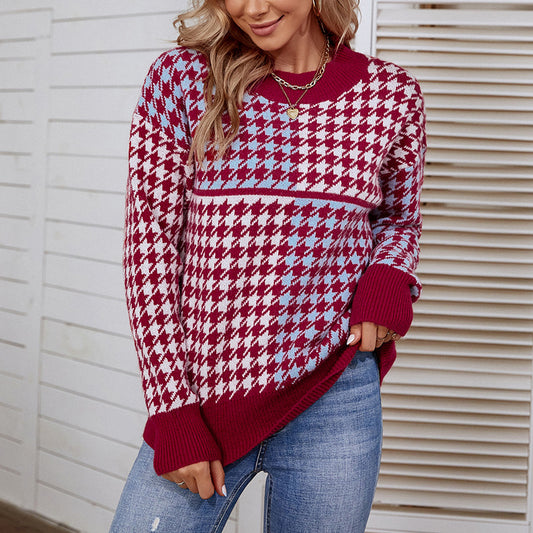 Women's Sweaters Kniting Round Collar Pullover Bicolor Lattice Long Sleeve
