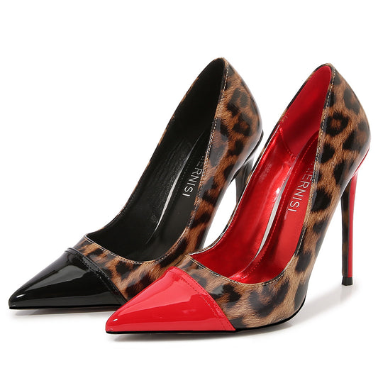 Women Bicolor Pointed Toe Leopard Print Shallow Stiletto Heel Pumps