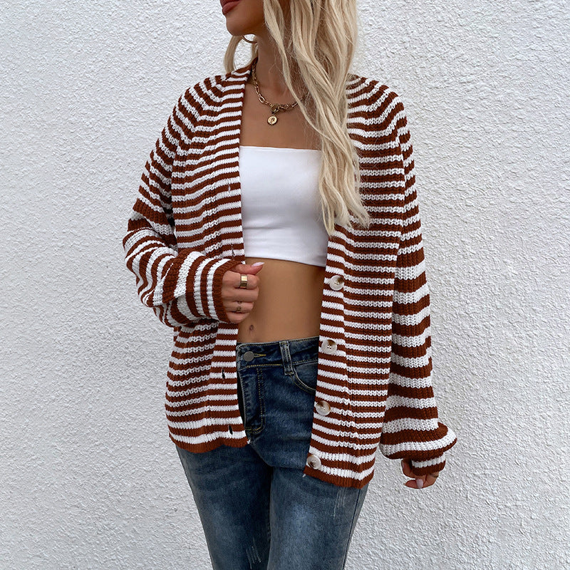 Women Cardigans Kniting Buttons Bicolor Stripes Long Sleeves