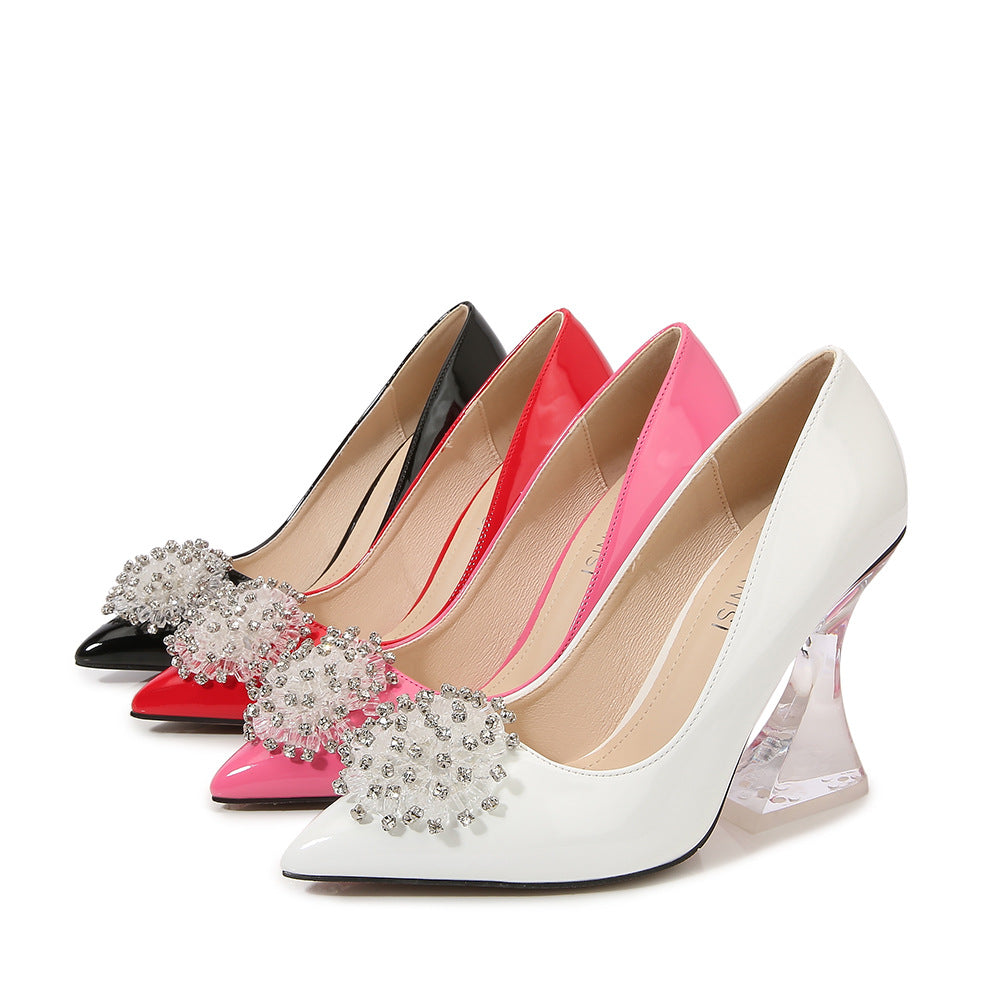 Women Candy Color Pointed Toe Rhinestone Flora Shallow Crystal Spool Heel Pumps