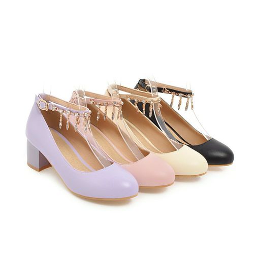 Women Rhinestone Ankle Strap Pumps Chunky Heeled Shoes