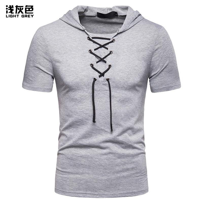Men's Hooded Loose Shoelace Short Sleeves T-shirt