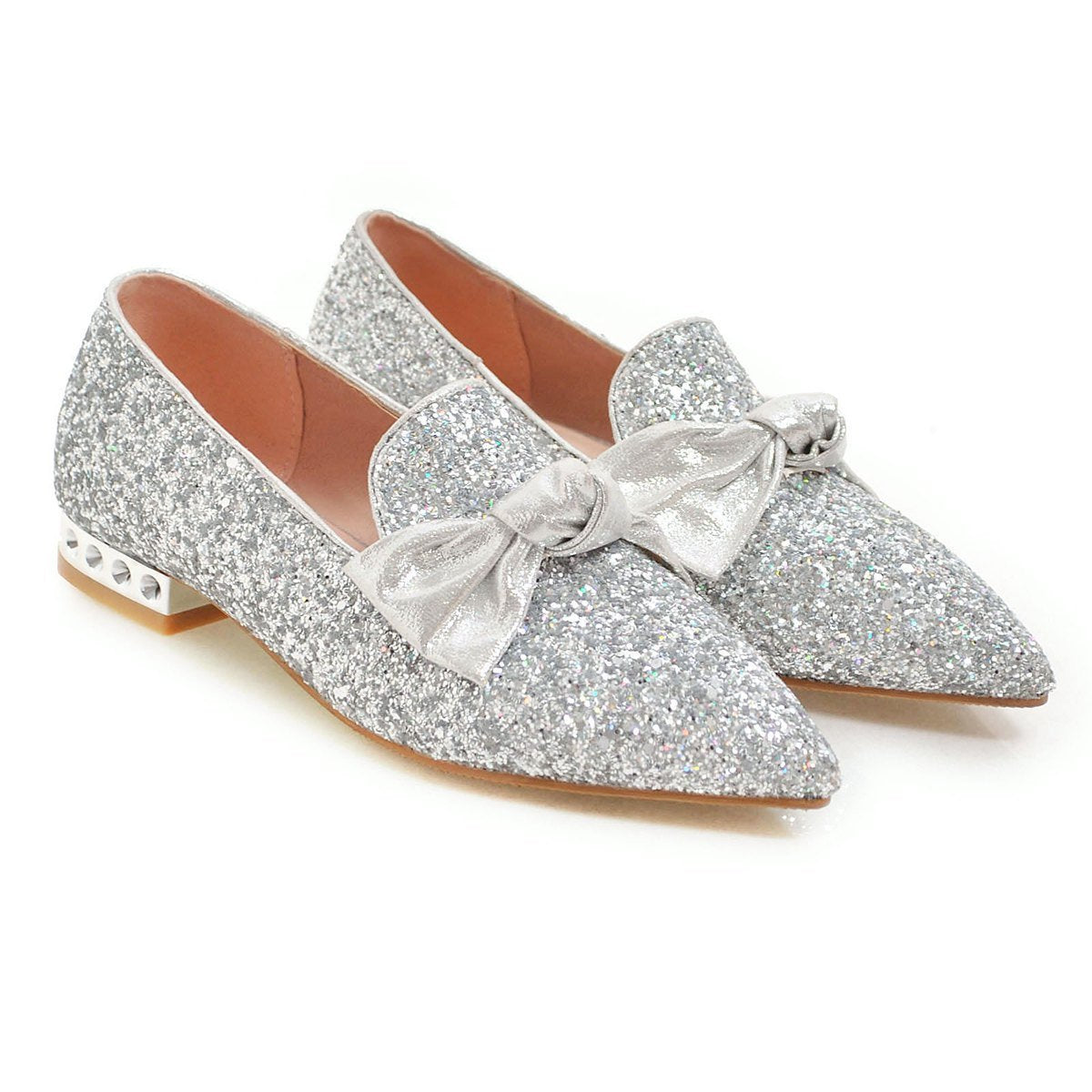 Woman's Sequin Bow Shallow-mouthed Low Heeled Chunky Pumps Shoes