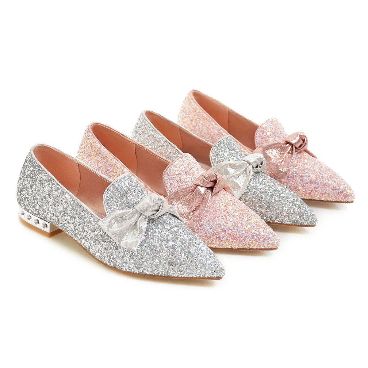 Woman's Sequin Bow Shallow-mouthed Low Heeled Chunky Pumps Shoes