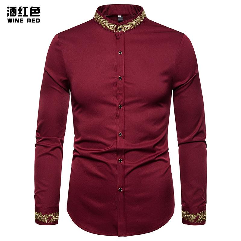 Men's Fashion Embroidered Westen Style Pattern Embroidered Henry Stand-Up Collar Long Sleeves Shirts