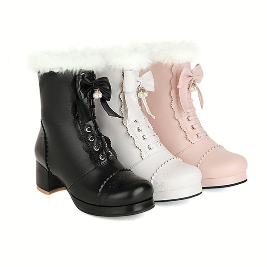 Woman Bowtie High Heel Short Snow Boots