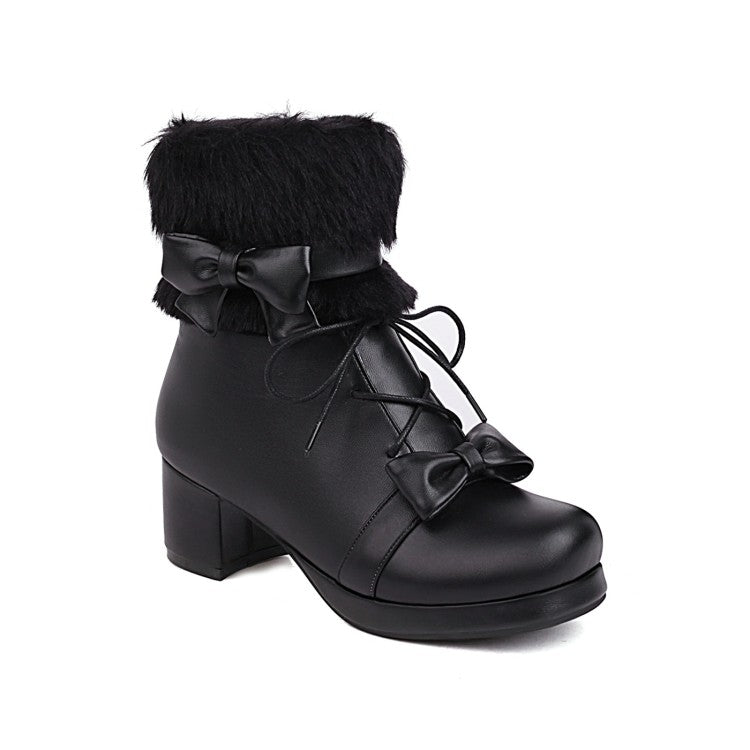 Woman Bowtie Lace Up High Heel Short Snow Boots