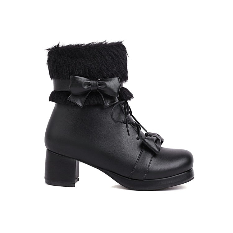 Woman Bowtie Lace Up High Heel Short Snow Boots