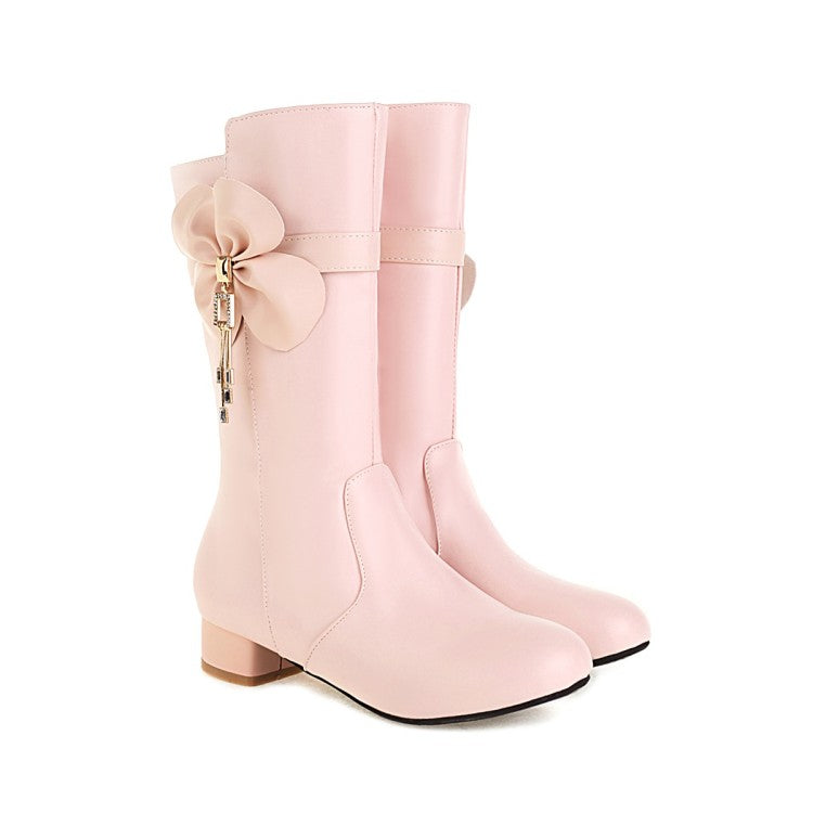 Woman Bow Low Heel Mid Calf Boots