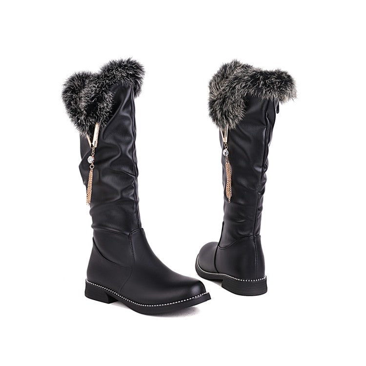 Woman Zipper Fur Low Heel Mid Calf Boots