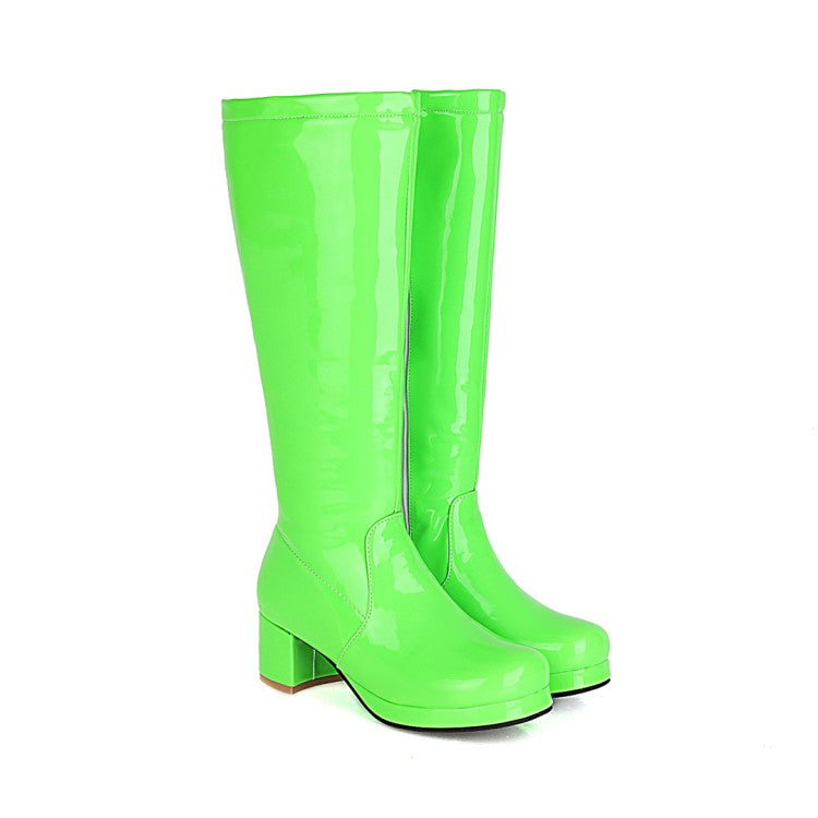 Woman Patent Leather Block Heels Knee High Boots