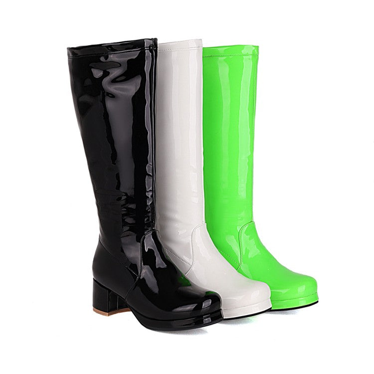 Woman Patent Leather Block Heels Knee High Boots