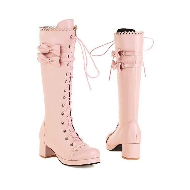 Woman Lace Up Back Bow Heels Knee High Boots